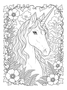 A detailed unicorn coloring page surrounded by wild roses, ivy vines, and forest waterfalls.