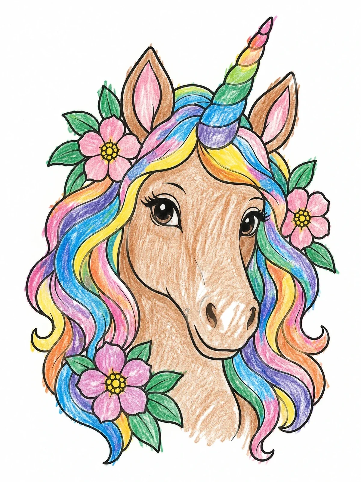 Colored example of the Unicorn Portrait With Floral Mane coloring page
