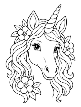 Gentle unicorn coloring page featuring a spiral horn and blooming flowers in its wavy mane.