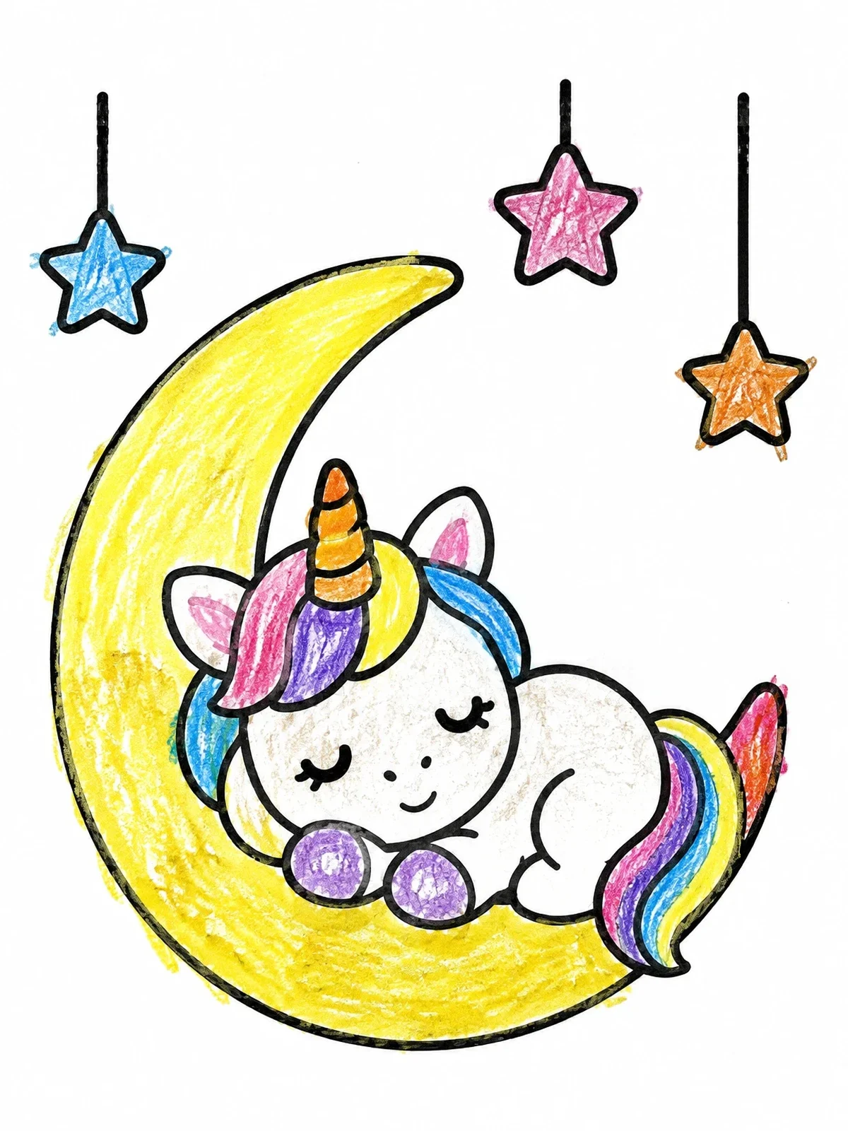 Colored example of the Sleeping Unicorn On Crescent Moon coloring page