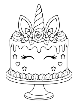 A decorated unicorn coloring page featuring a whimsical birthday cake on a stand.