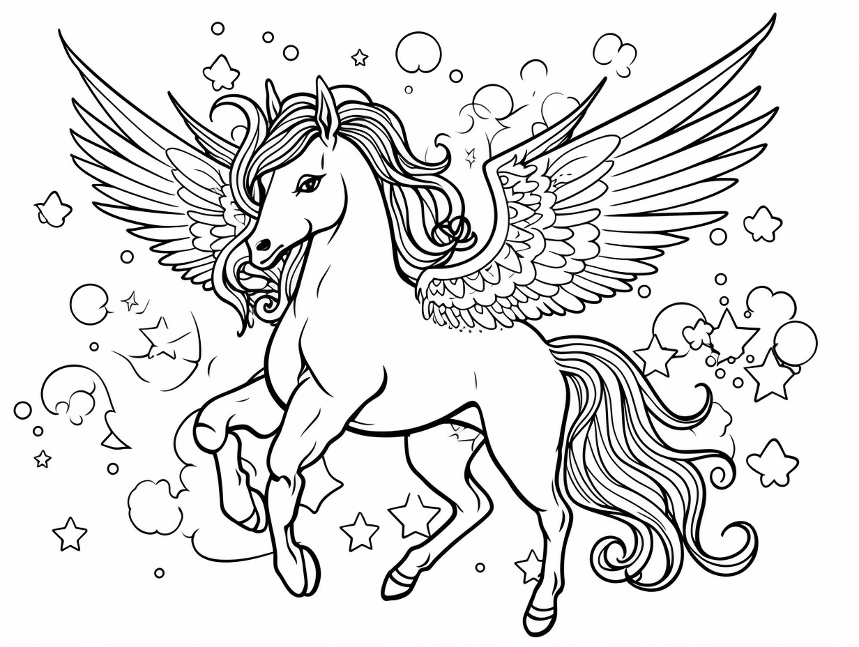 Unicorn With Wings Full Of Charm - Coloring Page