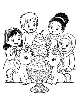 Free printable Children And Unicorns Sharing Sundae coloring page