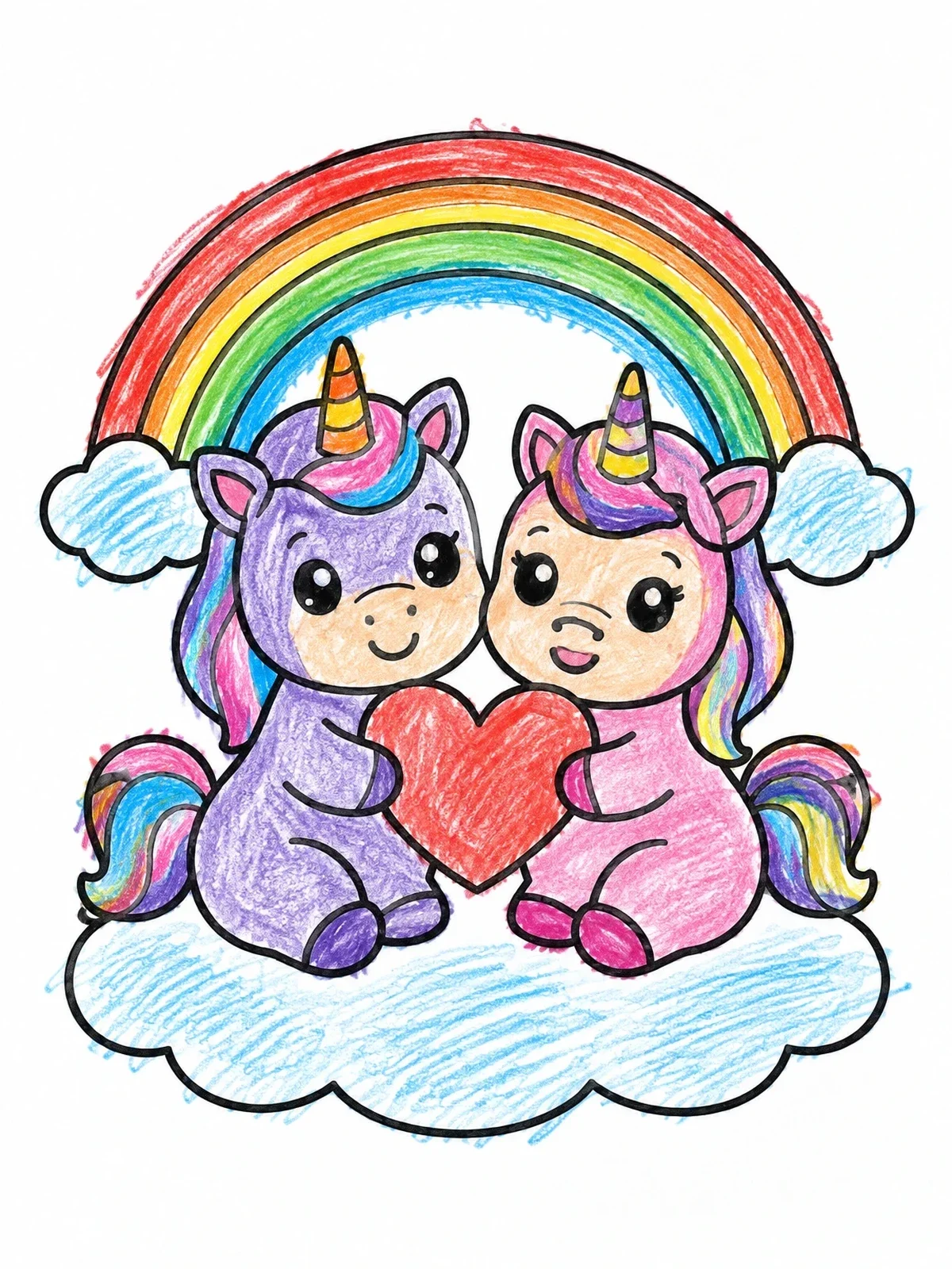Colored example of the Unicorns With Heart On Cloud coloring page