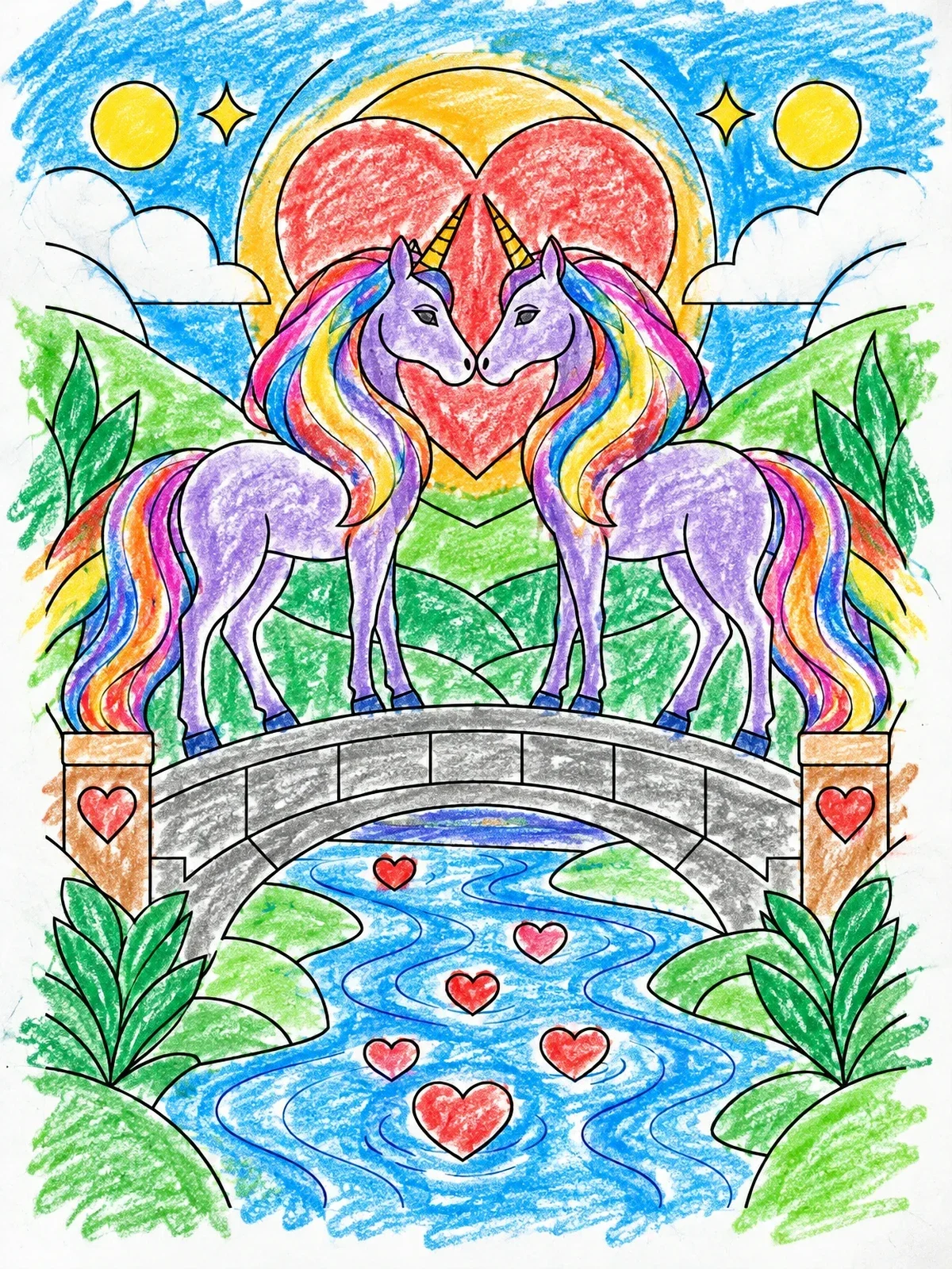 Colored example of the Unicorns In Love On A Bridge coloring page