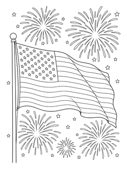 A waving American flag surrounded by fireworks in this united states coloring page.