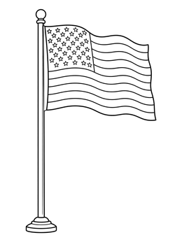 An American flag waving on a pole in this united states coloring page.