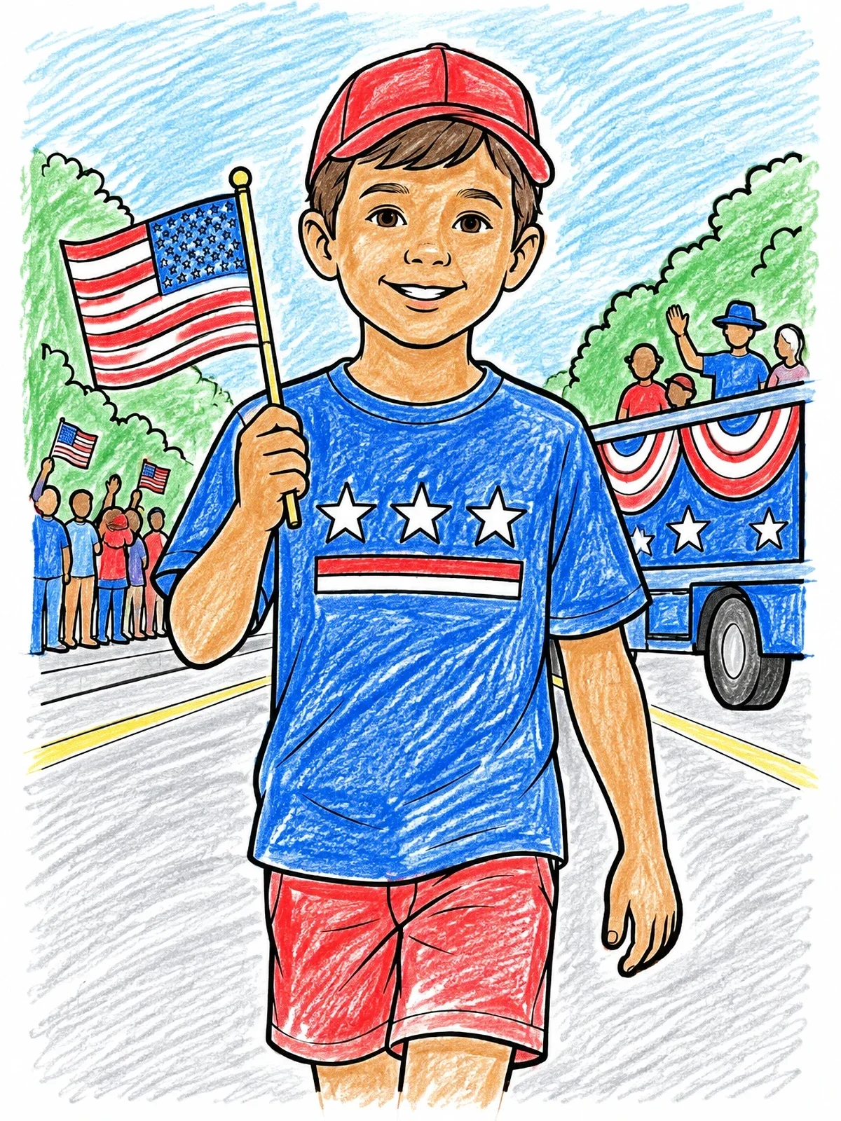Colored example of the Boy With American Flag At Parade coloring page