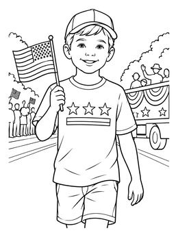 A smiling boy holding an American flag on this united states coloring page.