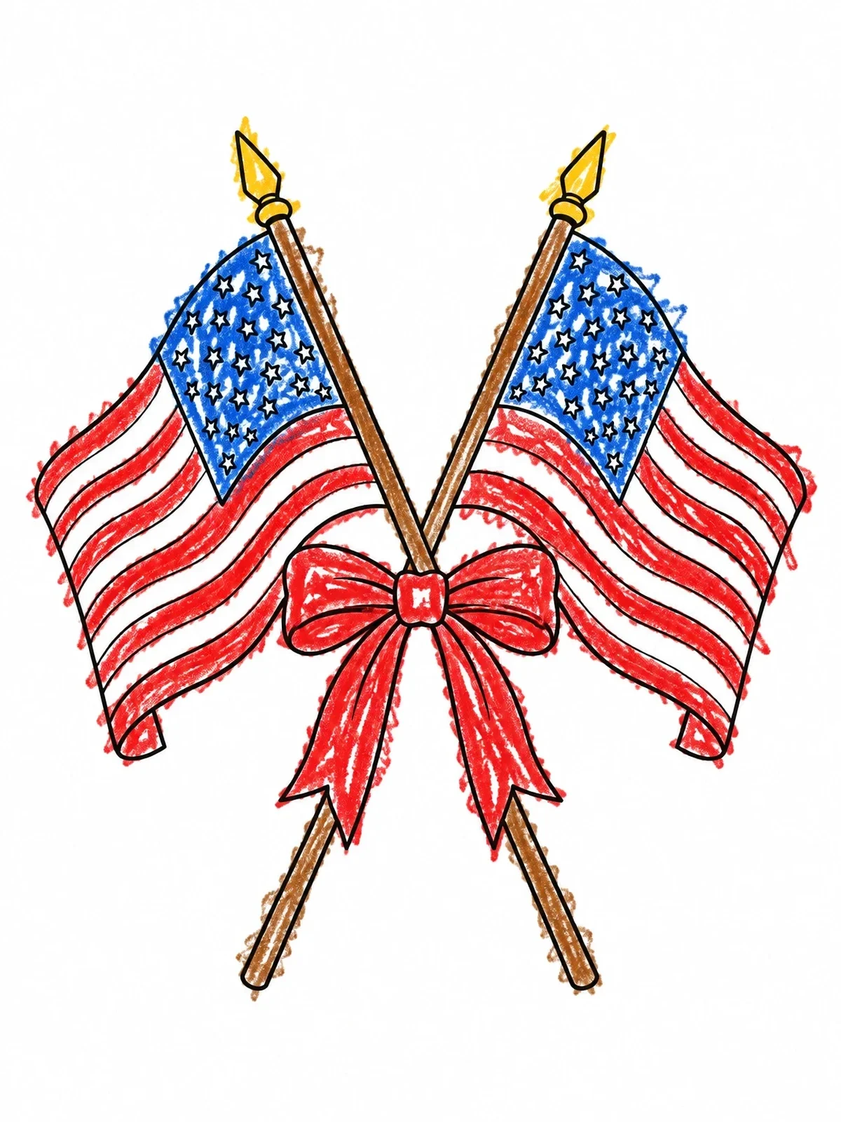 Colored example of the Crossed American Flags With Ribbon coloring page