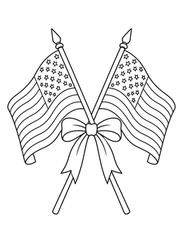 A decorative united states coloring page with crossed American flags tied by a bow.