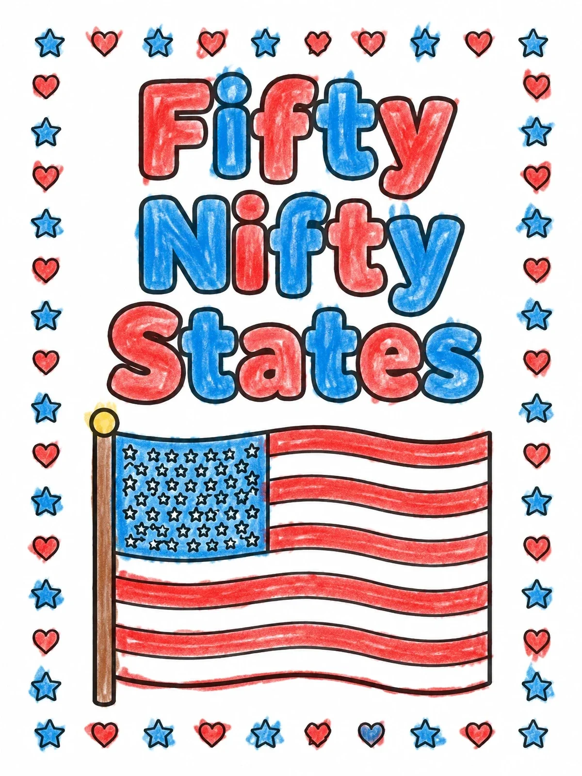 Colored example of the Fifty Nifty States American Flag coloring page
