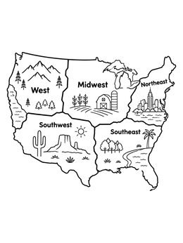 Free printable Us Map With Five Regional Highlights coloring page