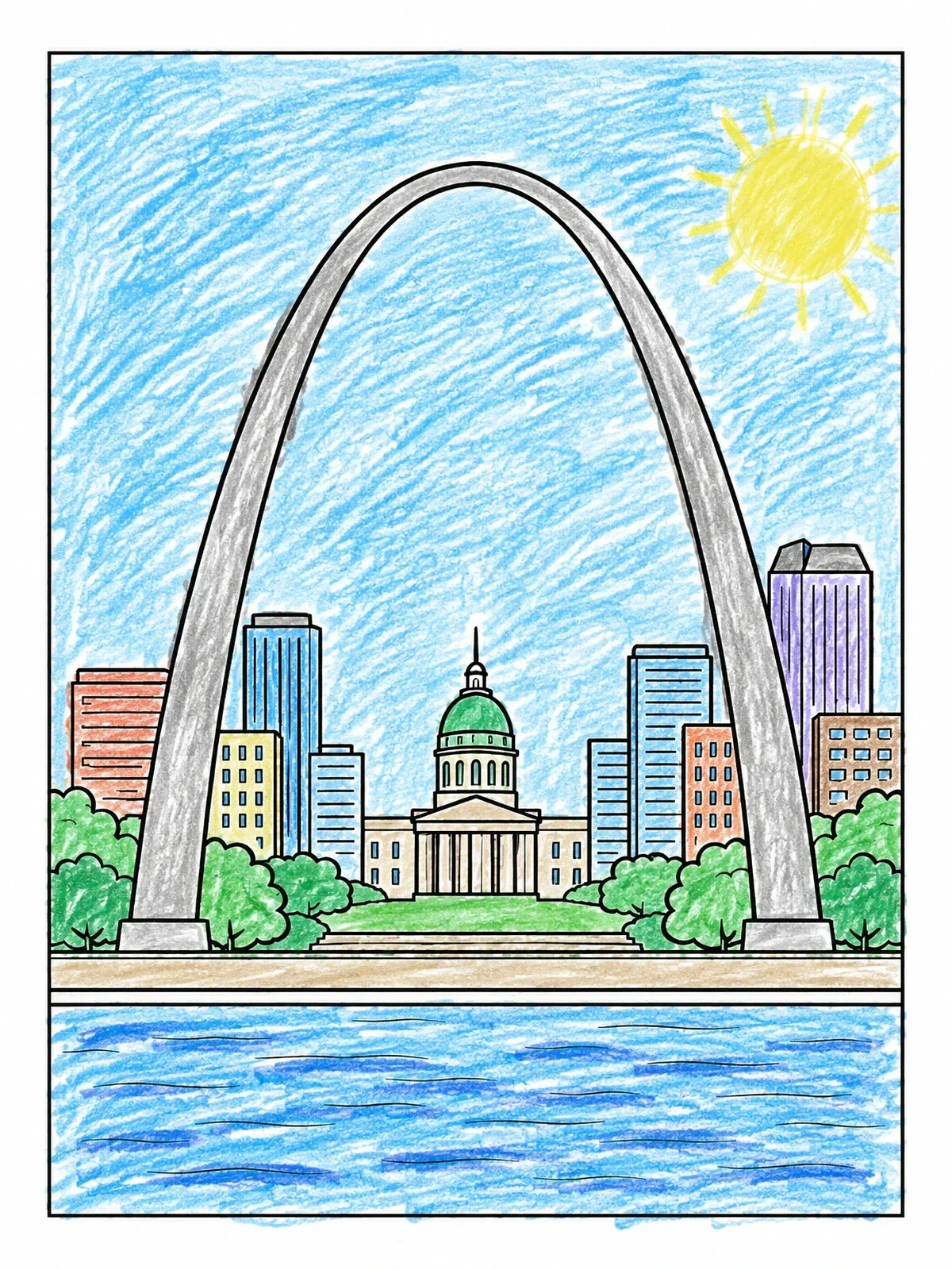 Colored example of the Gateway Arch In Saint Louis coloring page