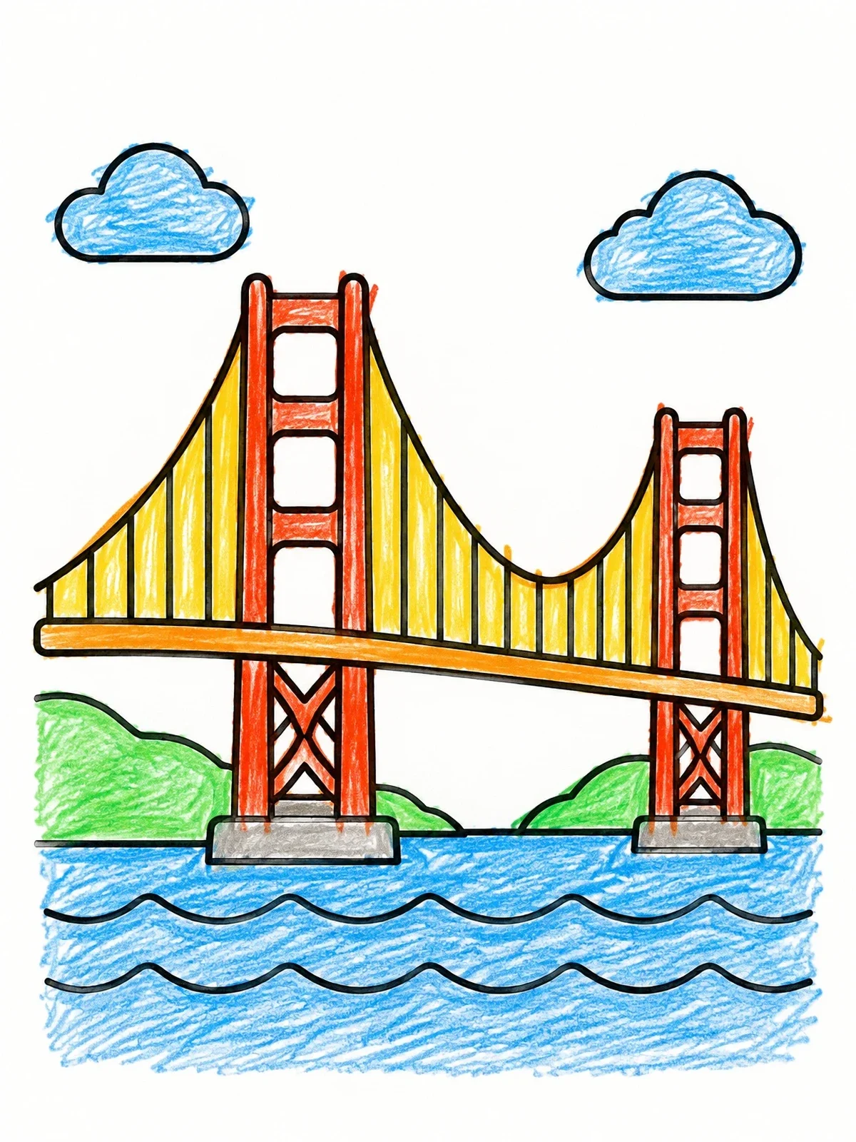 Colored example of the Golden Gate Bridge Over Bay coloring page