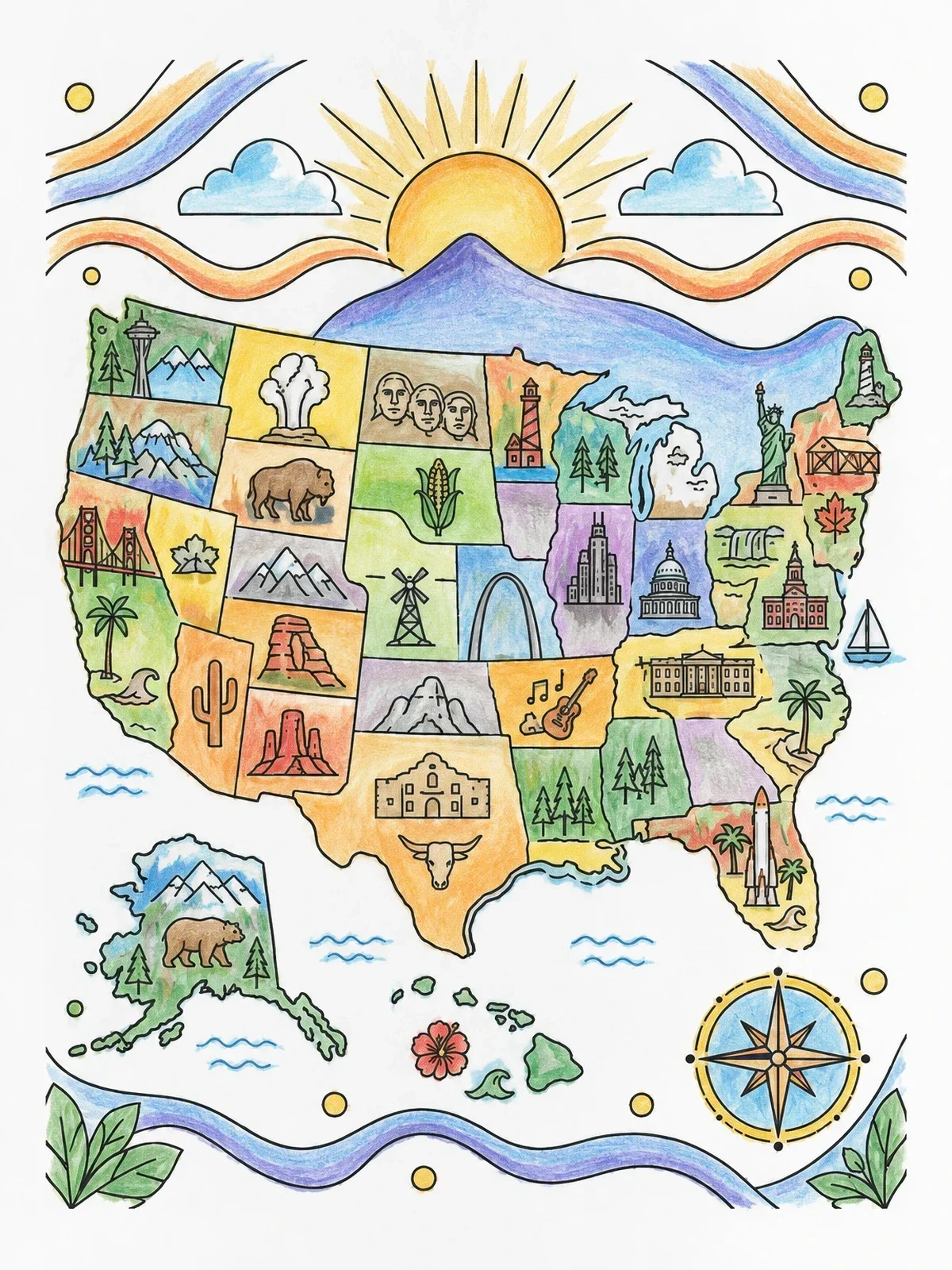 Colored example of the Illustrated United States Landmark Map coloring page
