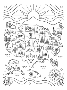 An illustrated United States coloring page showcasing famous landmarks, wildlife, and symbols across different regions.