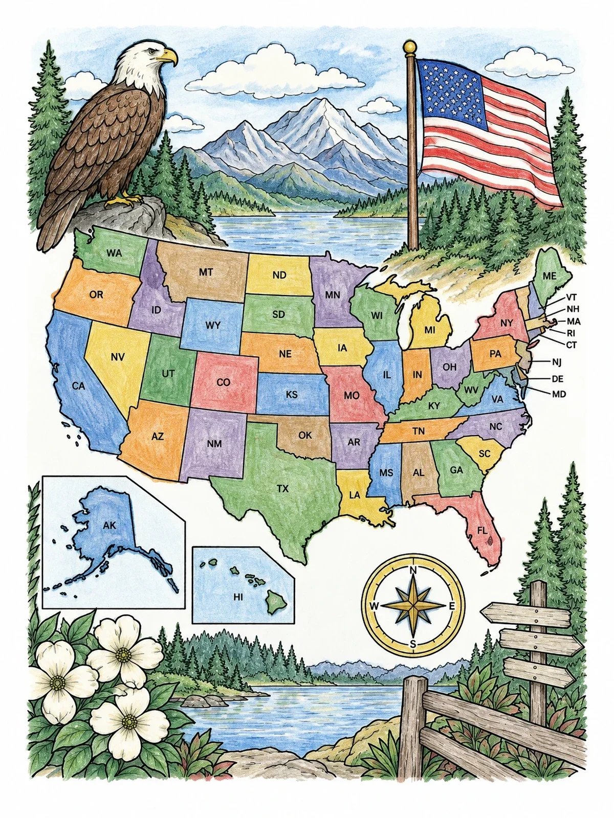Colored example of the United States Map With Bald Eagle And Flag coloring page