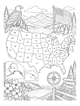 A detailed united states coloring page featuring a labeled state map, bald eagle, flag, and mountains.