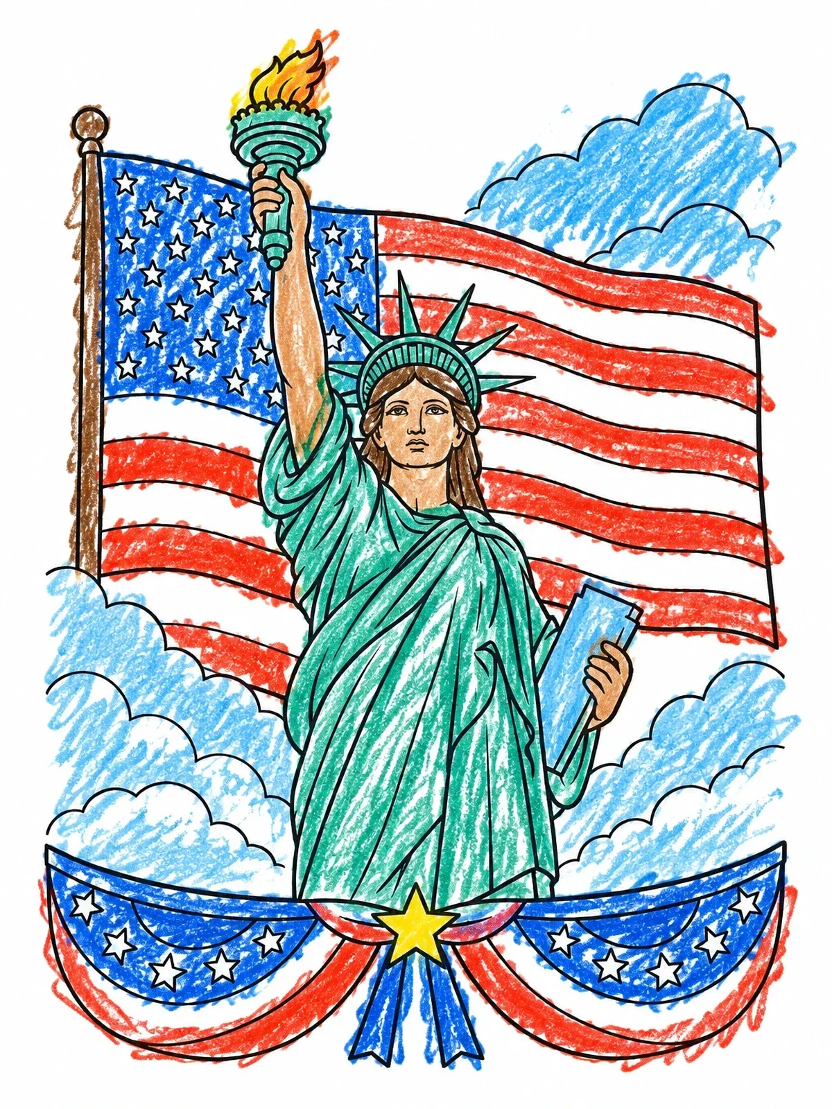 Colored example of the Statue Of Liberty And American Flag coloring page