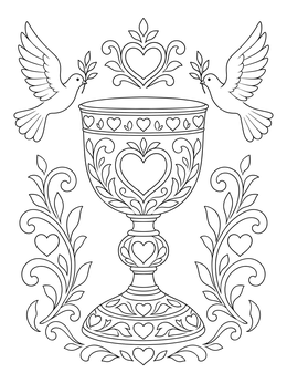 An ornate unity coloring page showing an engraved chalice, heart patterns, and flying doves.