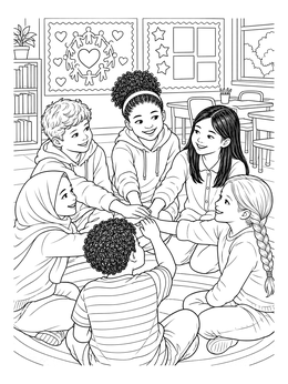 Diverse students sit in a circle on this unity coloring page.