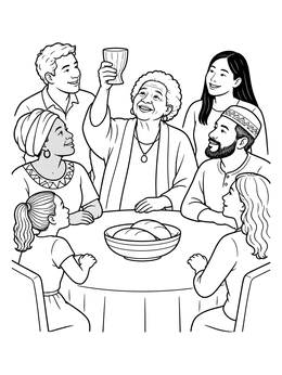 Diverse family gathers at a table in this unity coloring page as an elder raises a cup.