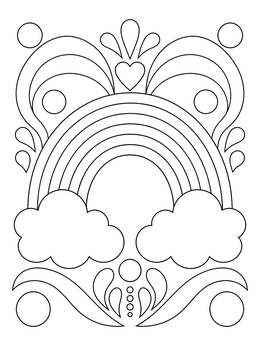 A decorative rainbow and clouds design featured in this unity coloring page.