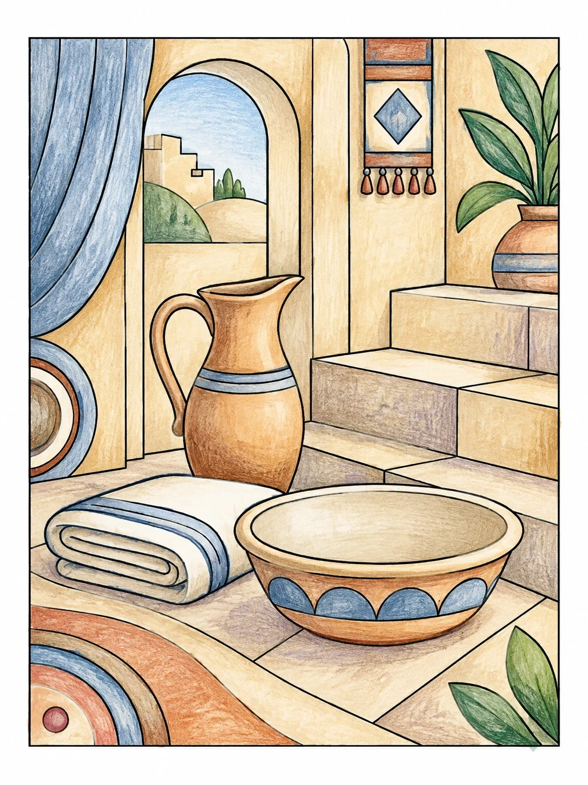 Colored example of the Upper Room Basin And Pitcher coloring page