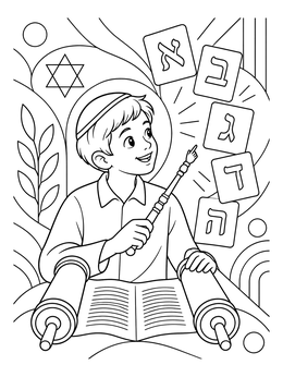 Jewish boy pointing to Alef-Bet cards with a yad in this upsherin coloring page.