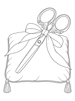 An ornate pair of ceremonial scissors rests on a soft cushion in this upsherin coloring page.