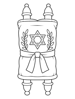 Soft toy Torah scroll with a tied ribbon on an upsherin coloring page.