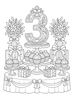 An upsherin coloring page featuring a festive table with cupcakes, gifts, flowers, and a large number three.