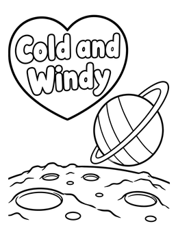 A simple uranus coloring page showing the ringed planet above a cratered surface with a heart.