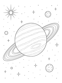 A detailed ringed planet in this uranus coloring page surrounded by moons and distant stars.