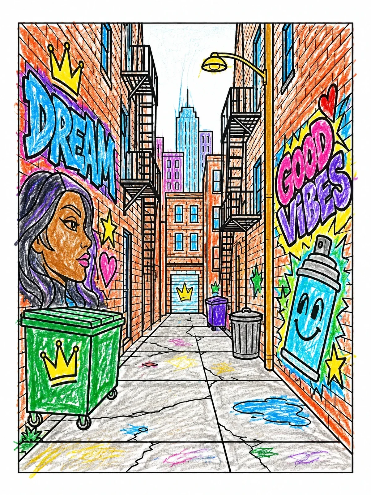 Colored example of the Urban Alley Street Art Murals coloring page