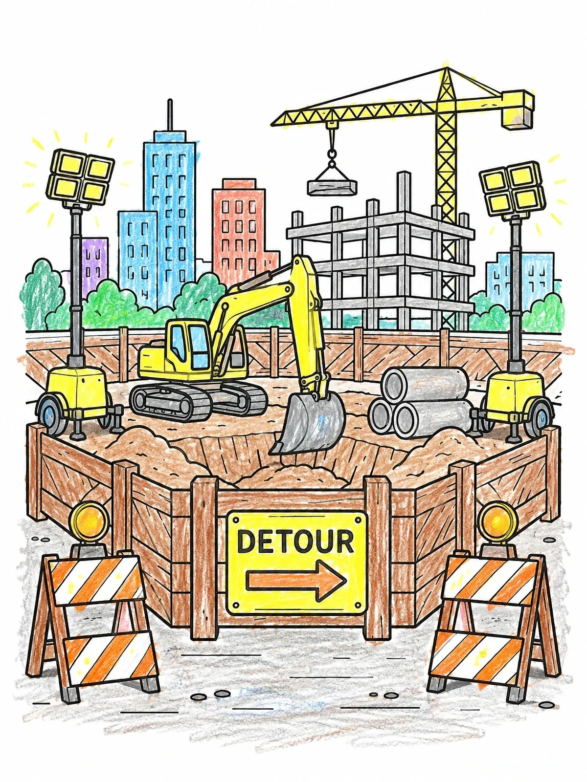 Colored example of the Urban Construction Site With Excavator coloring page
