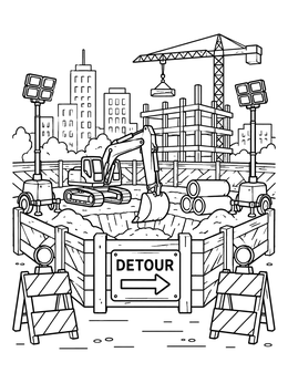 Urban Construction Site with Excavator coloring page