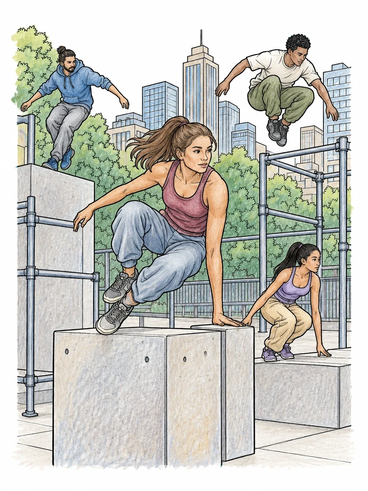 Colored example of the Athletes In Urban Parkour Park coloring page