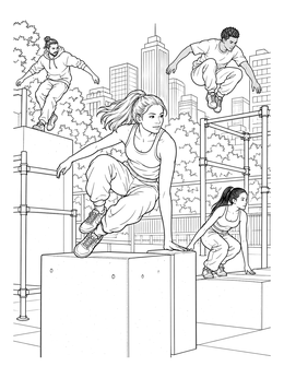Free printable Athletes In Urban Parkour Park coloring page