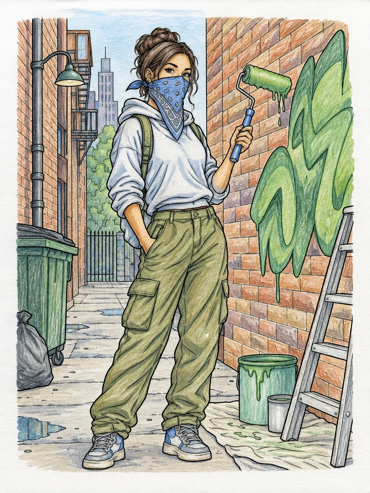 Colored example of the Urban Street Artist With Paint Roller coloring page