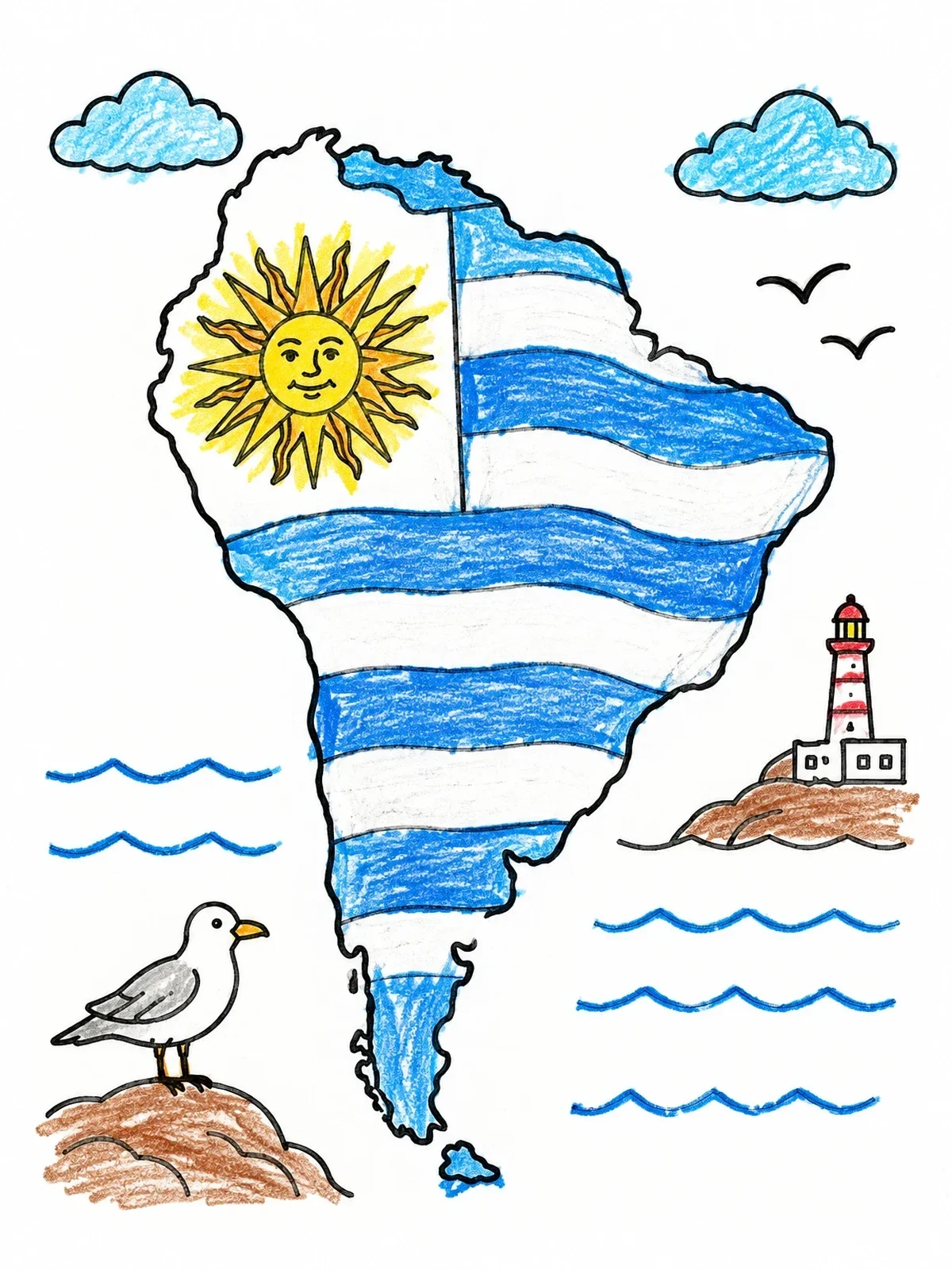 Colored example of the Uruguay Flag On South America Outline coloring page