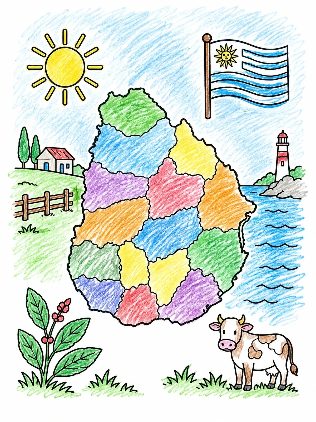 Colored example of the Uruguay Map With Flag And Cow coloring page