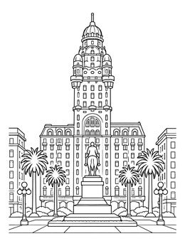 Montevideo landmark on this Uruguay coloring page featuring Palacio Salvo and statue.