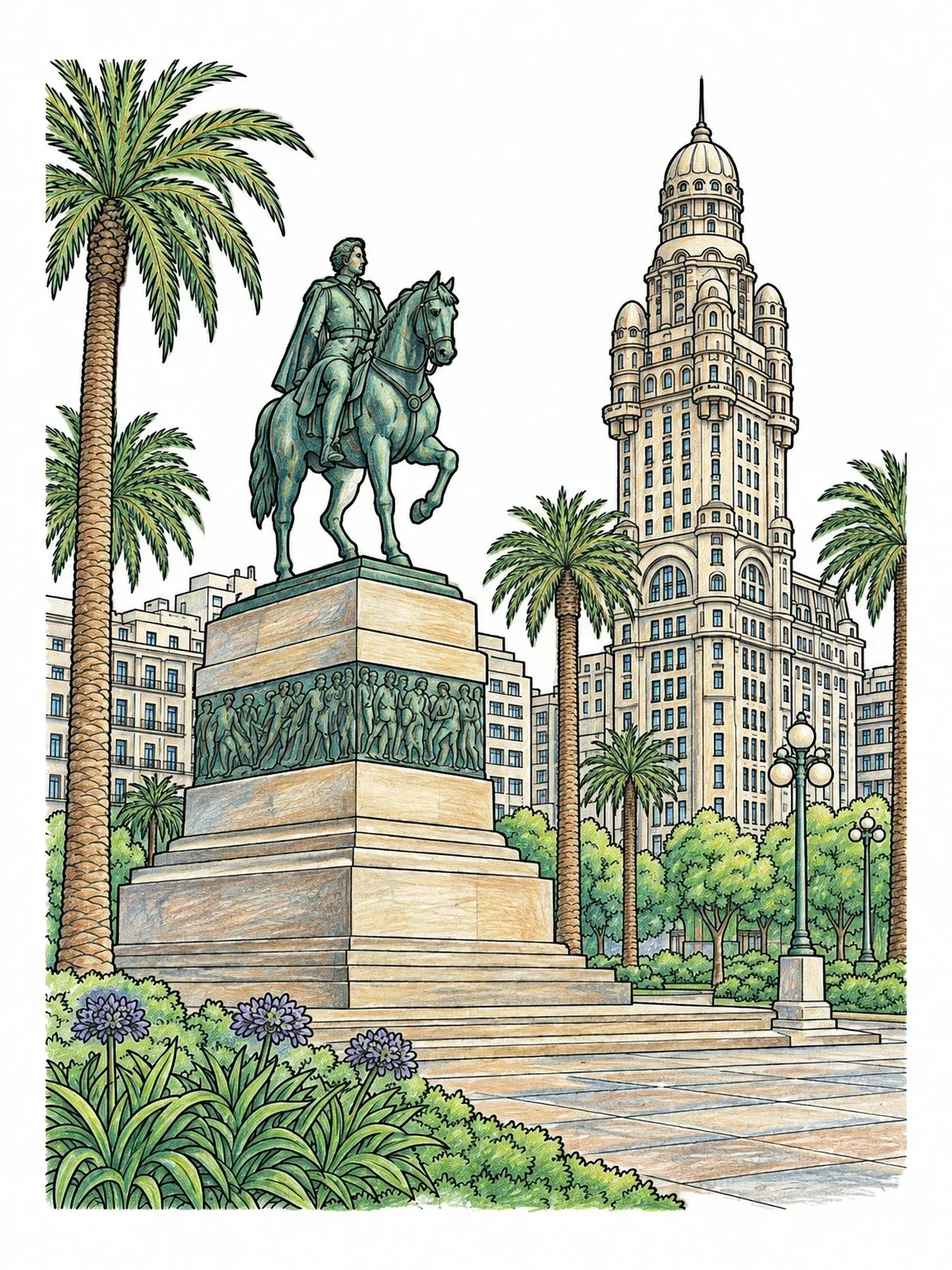 Colored example of the Plaza Independencia And Palacio Salvo coloring page