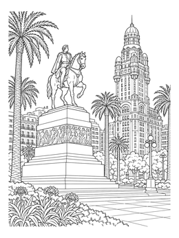 An Artigas monument in Plaza Independencia shines in this Uruguay coloring page.