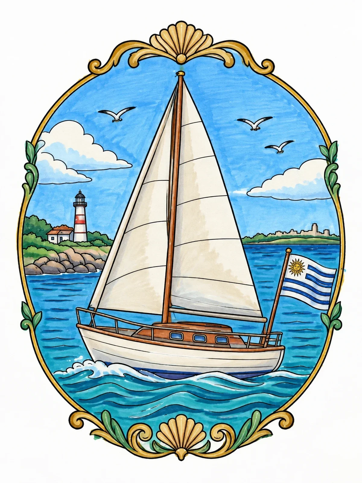 Colored example of the Sailboat By Uruguayan Coast coloring page