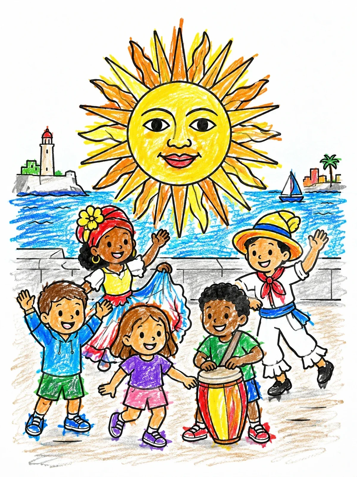 Colored example of the Sun Of May And Uruguayan Children coloring page