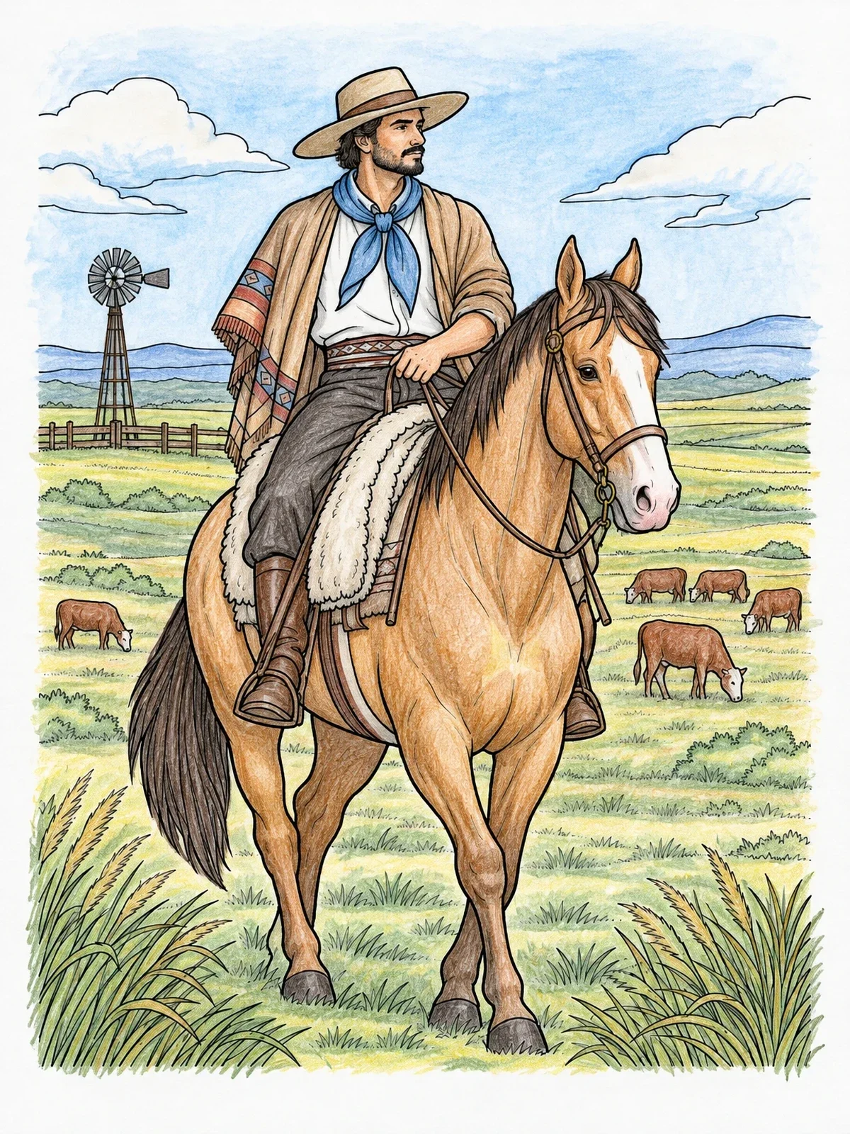 Colored example of the Uruguayan Gaucho On Horseback coloring page