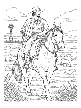 A Uruguayan gaucho on horseback rides across the countryside in this Uruguay coloring page.